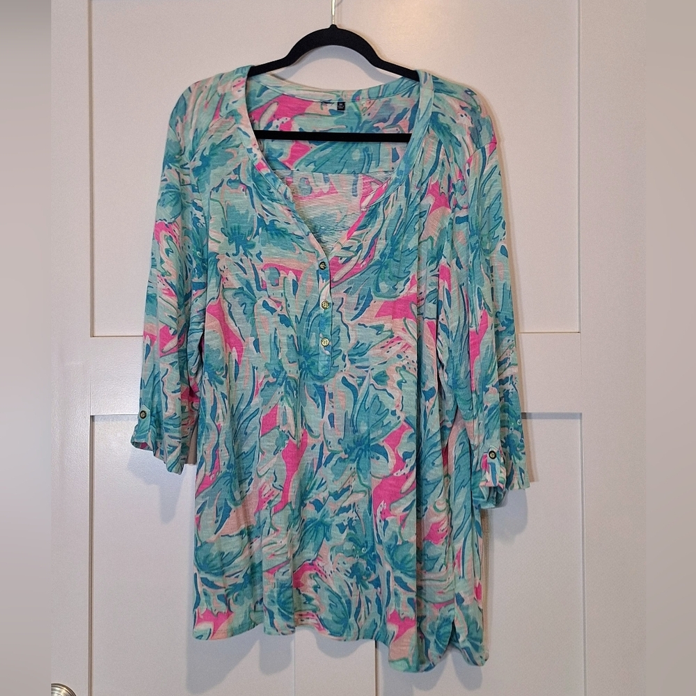 Plus Size Breathable Viscose & Linen Tunic Popover Aqua Pink Size 3X
